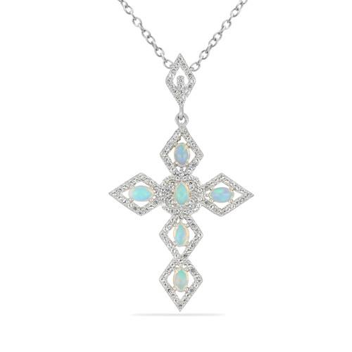 BUY 925 SILVER NATURAL ETHIOPIAN OPAL GEMSTONE CROSS PENDANT